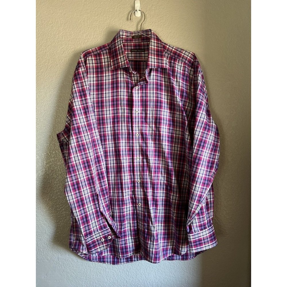 Men’s Peter Millar Long Sleeve Button Up Shirt Pink & Purple Plaid, Size XL